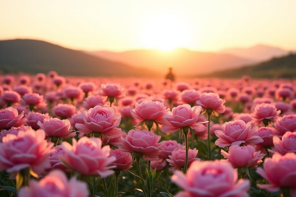 Champ de roses centifolia à Grasse au lever du soleil