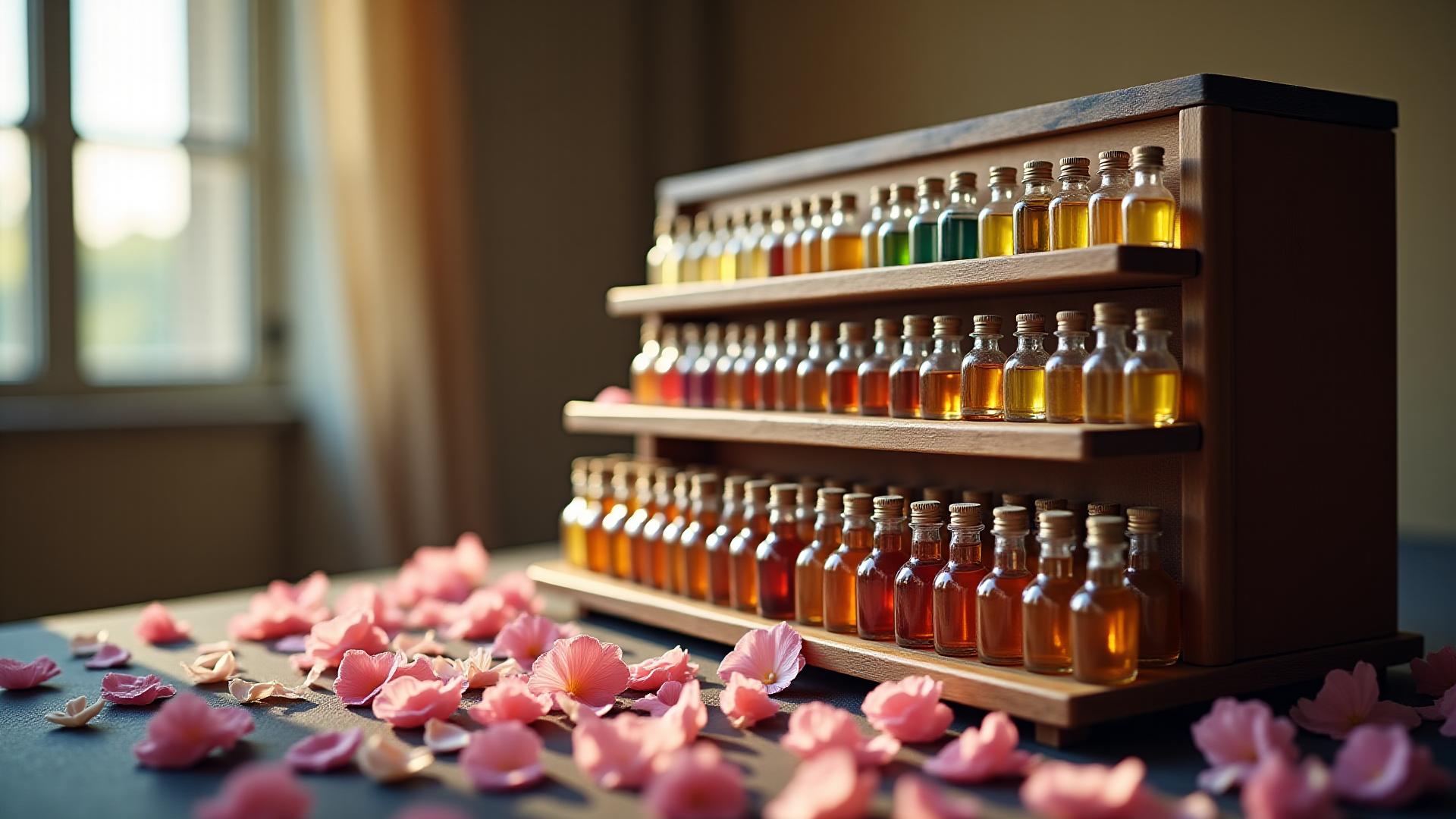 Orgue à parfums avec flacons d'essences et fleurs de Grasse